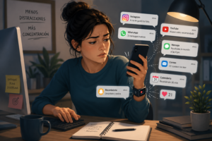 trabajador distraído por notificaciones digitales durante la jornada laboral.