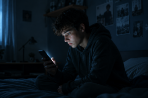 pantallas salud mental - adolescente con el móvil en una habitación oscura"