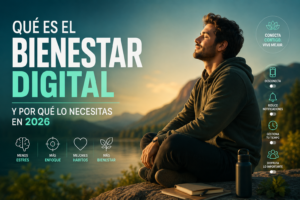 Bienestar digital: persona relajándose en la naturaleza para reducir el estrés tecnológico.