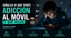 Persona usando el móvil de noche como representación de las señales de adicción al móvil y la dependencia digital.